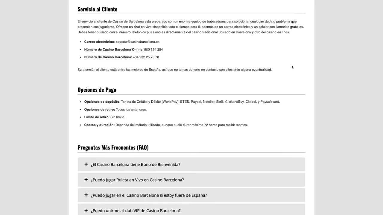 Casino Barcelona: métodos de pago y retiradas